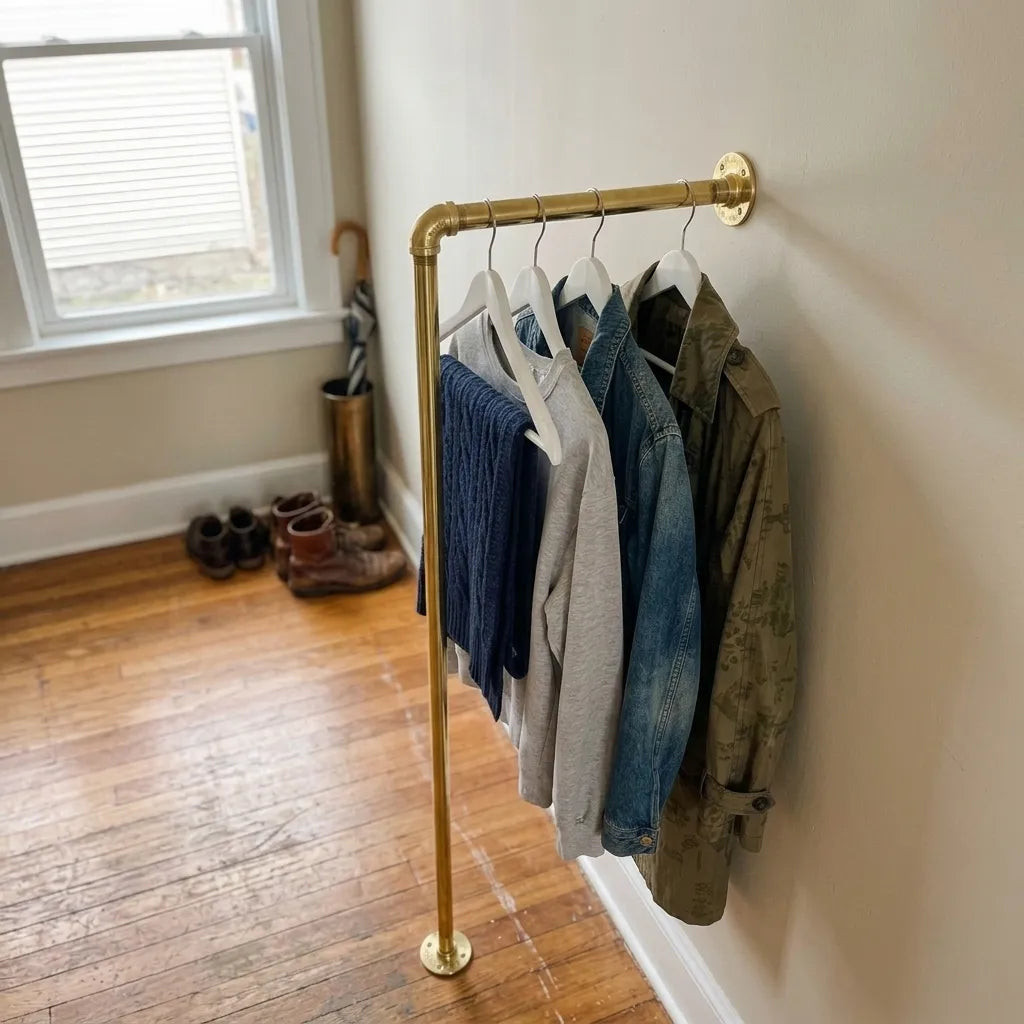 Handcrafted brass clothes rail with floor support and wall mount