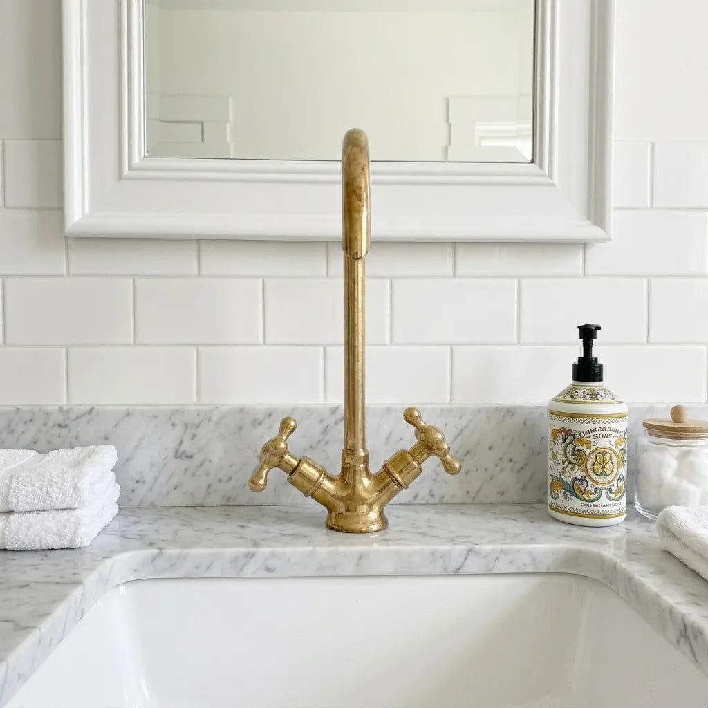 Solid brass washbasin faucet with classic cross handles and elegant swan neck design mounted on a marble vanity