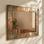 Oxidized Copper Wall Mirror with Verdigris Patina Frame and Rectangular Design