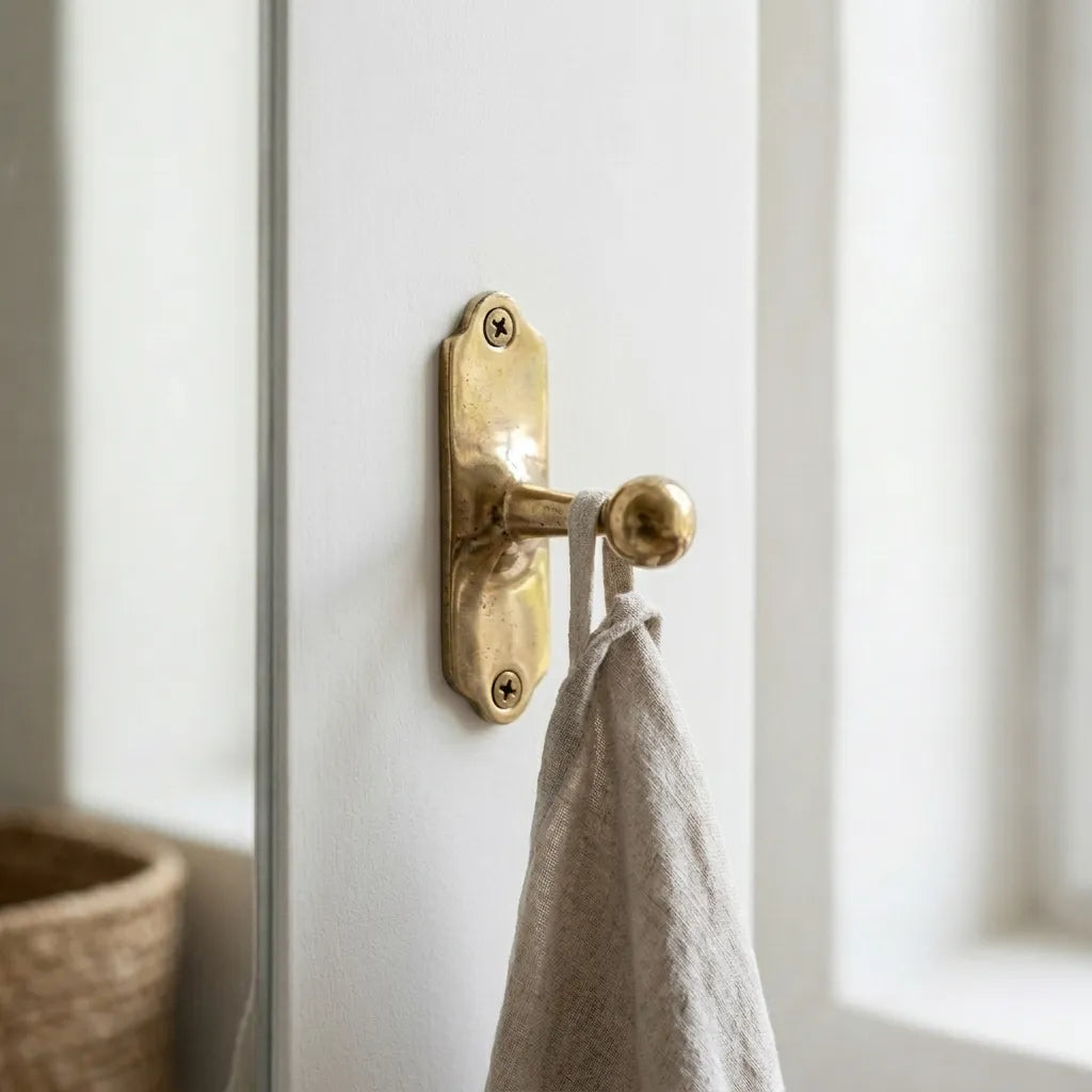 Classic brass ball end wall hook with decorative backplate mounted on a painted wall holding a linen towel.