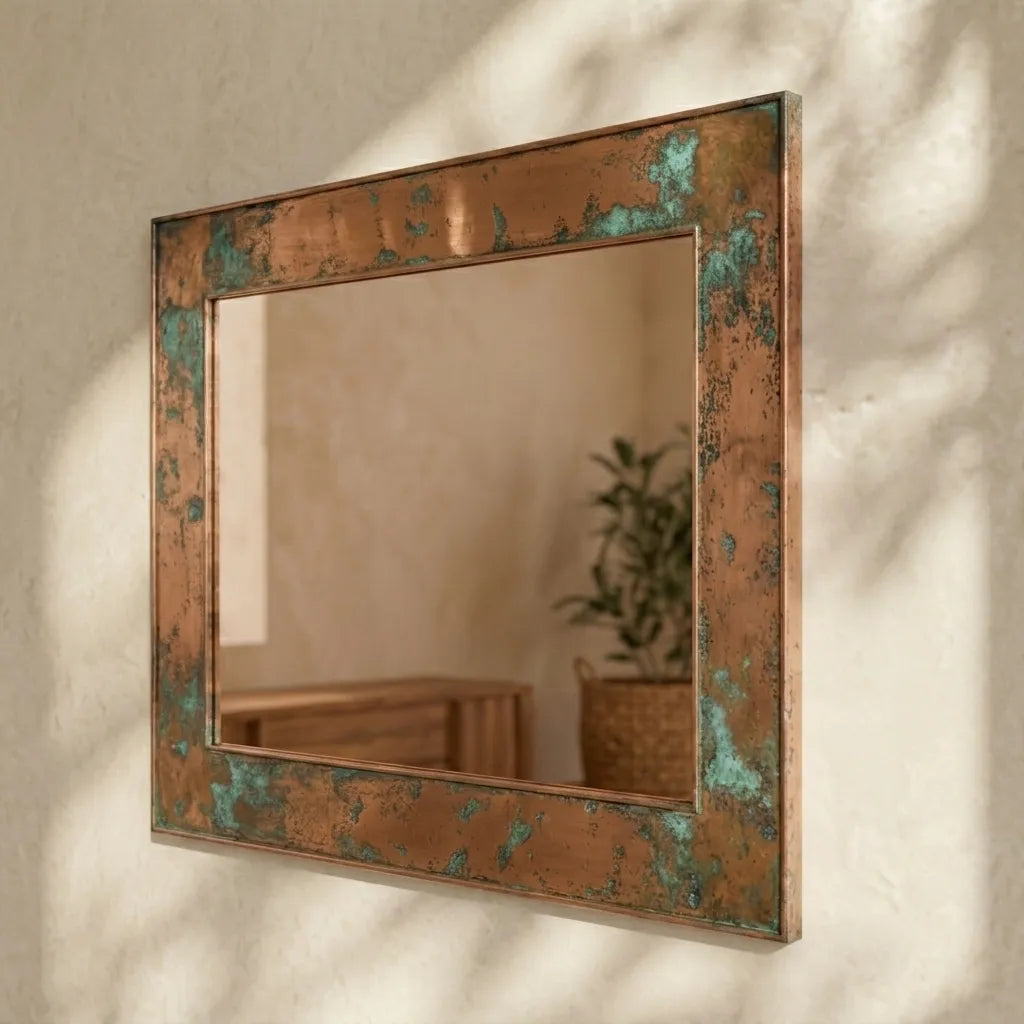 Handmade Copper Framed Mirror with Green Patina Finish for Rustic Bathroom Decor