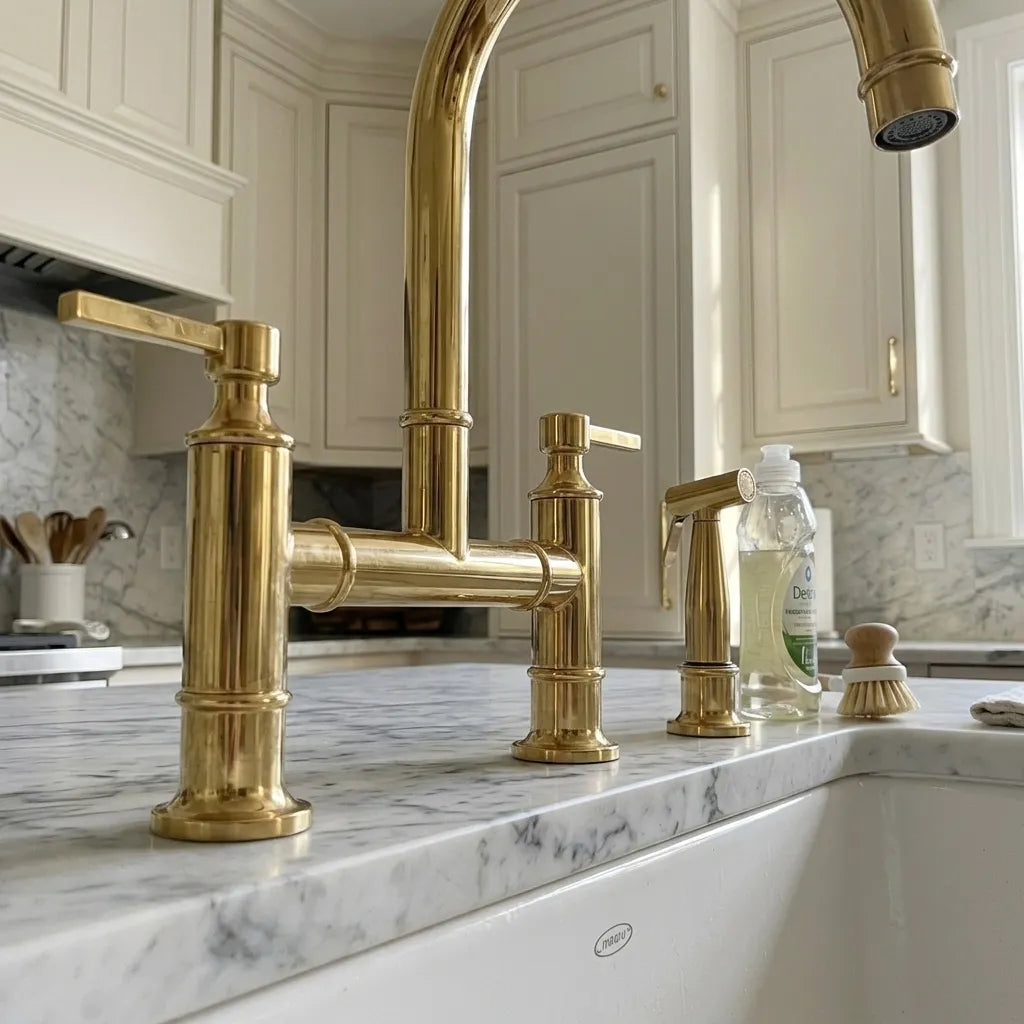 A polished gold bridge faucet set installed on a white marble kitchen countertop with white cabinets and marble backsplash in the background.