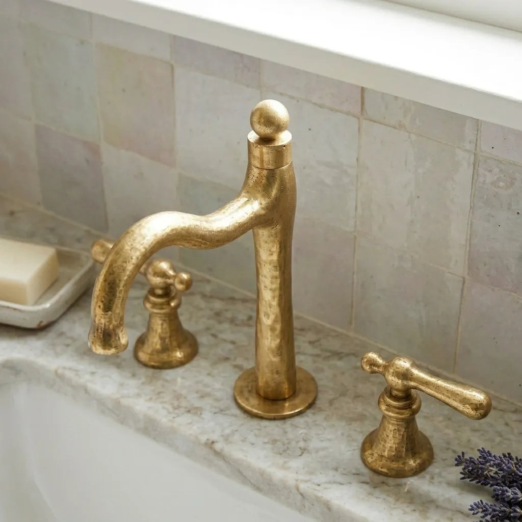 Artisan brass sink faucet featuring dual lever handles and sculptural metalwork for a refined bathroom setting