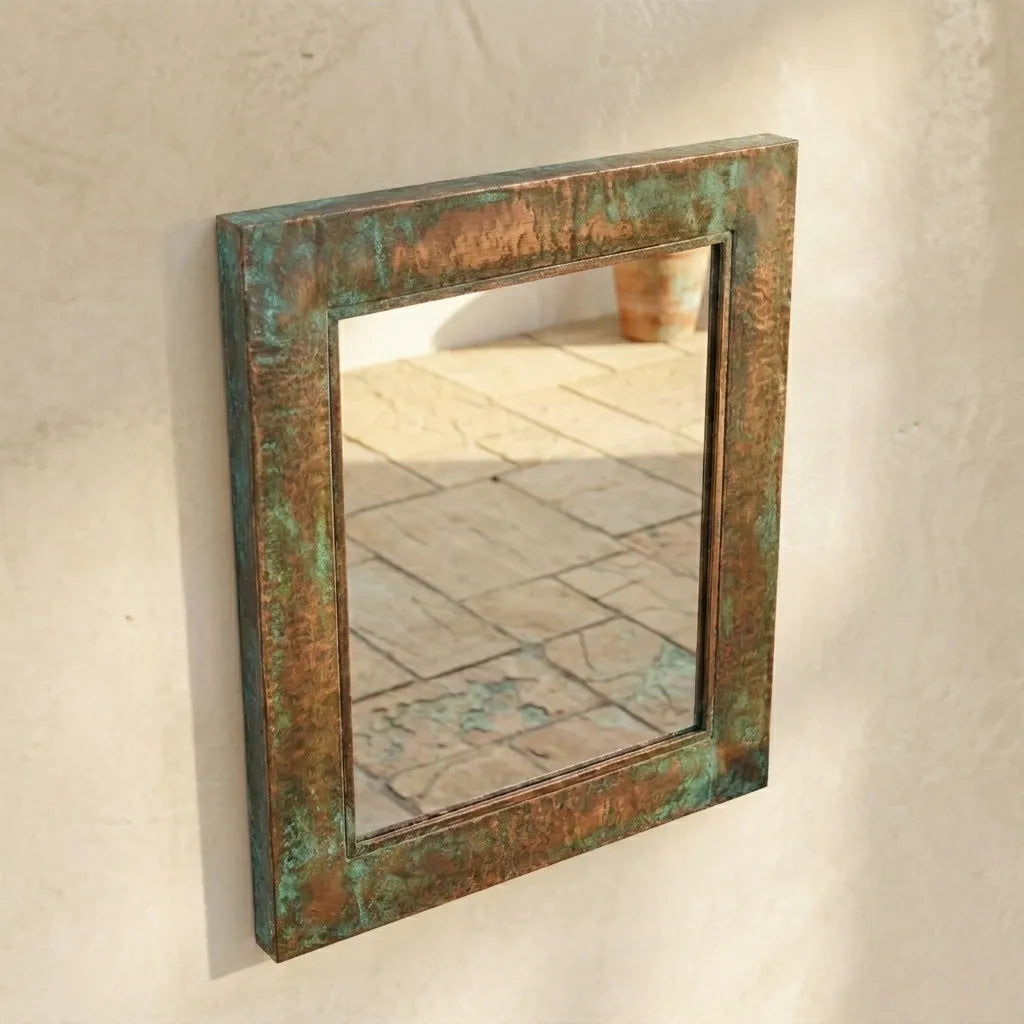 Handmade Copper Framed Mirror with Weathered Green Patina and Vintage Character