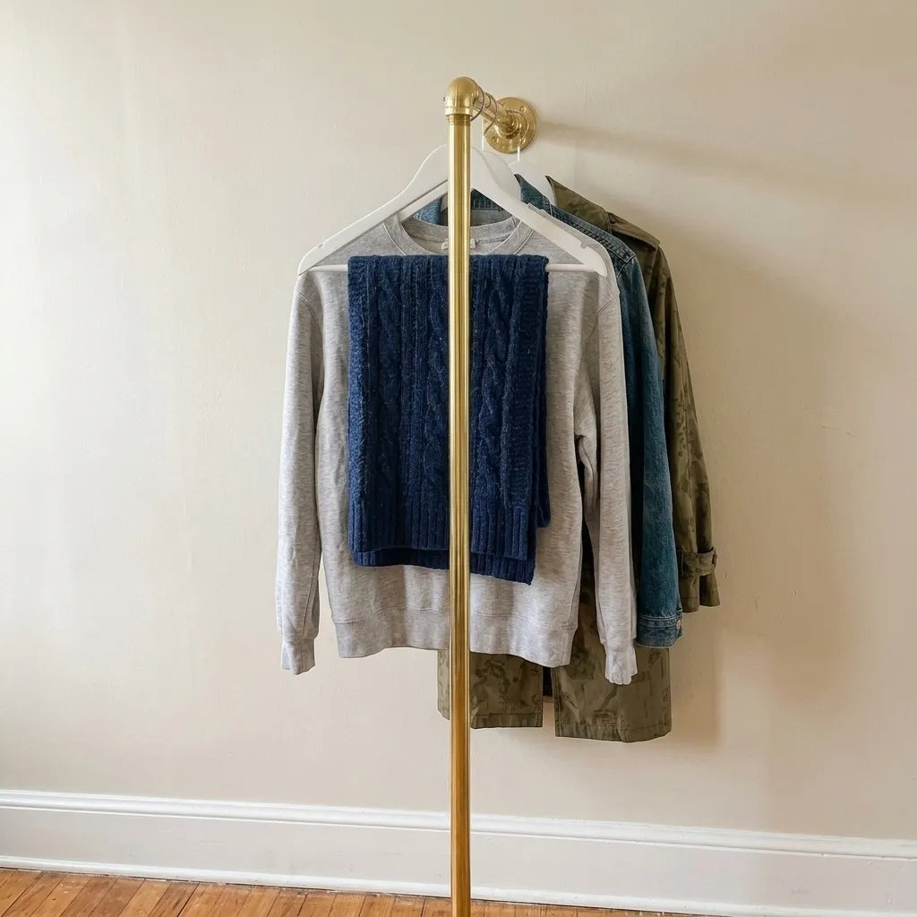 Solid brass floor-to-wall clothes rail for open wardrobe storage