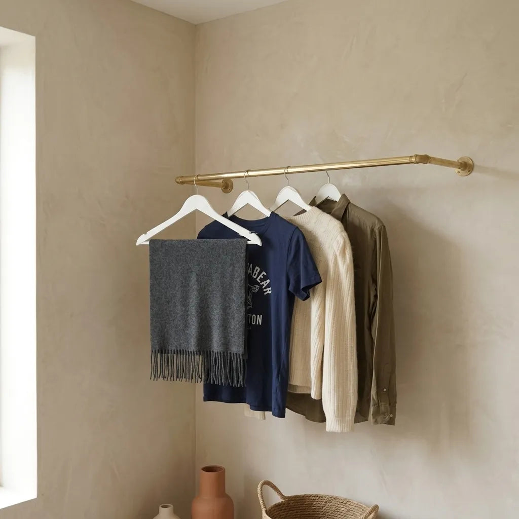 Solid brass wall mounted clothes rail installed on a straight wall with hanging garments.