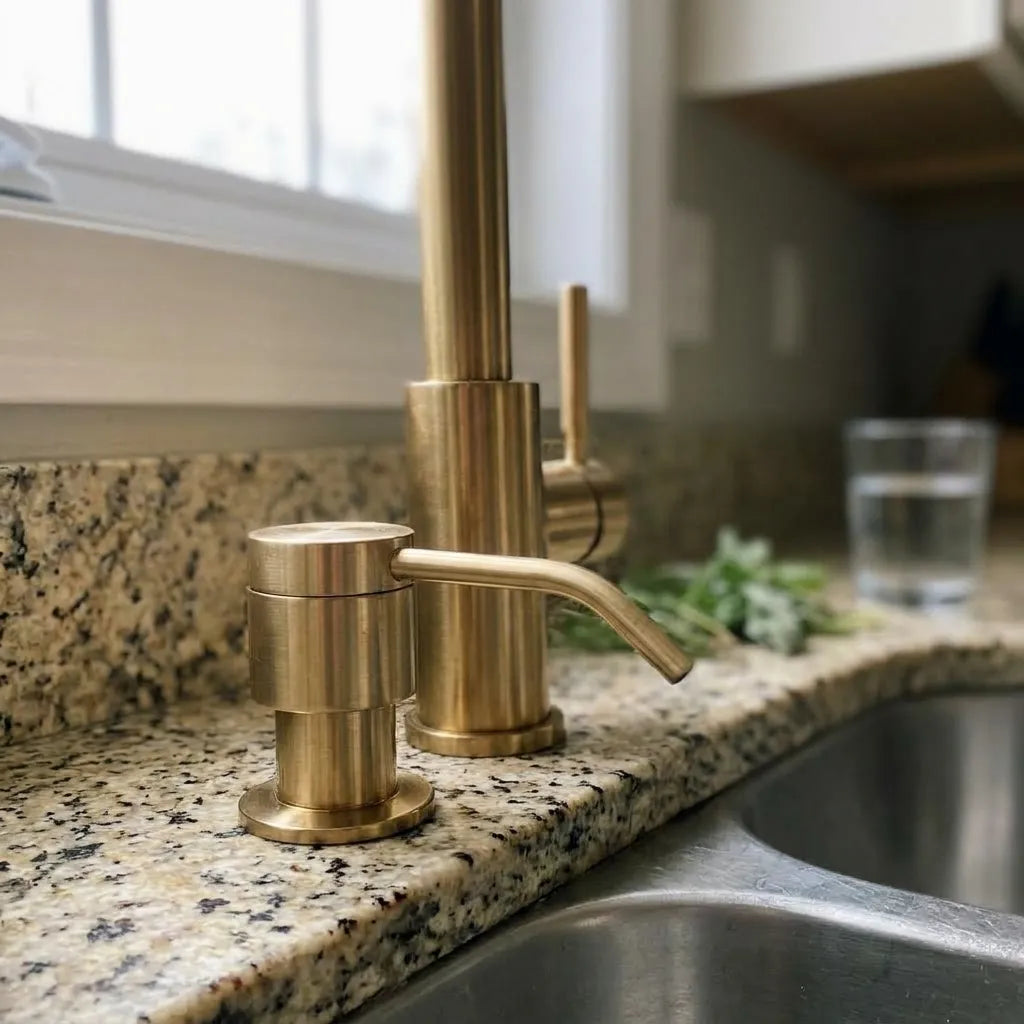 Unlacquered brass kitchen soap dispenser with angled pump and dimensional measurements