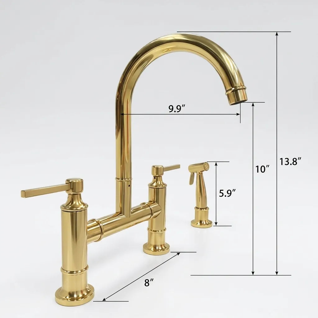 Gold bridge faucet set with two handles, a high-arc spout, and a small side sprayer, shown with dimension callouts on a light gray background.