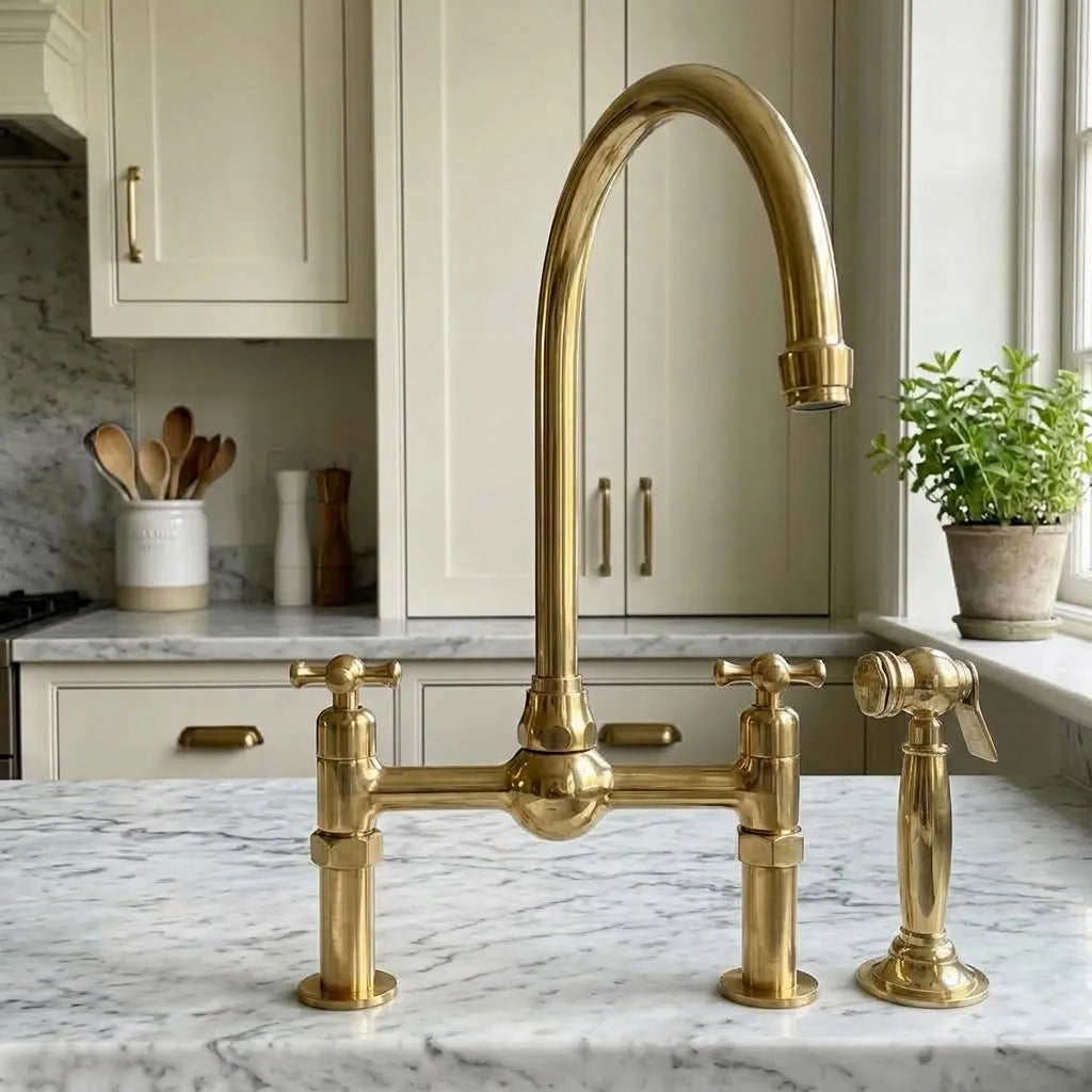 High-Arc Brass Bridge Kitchen Faucet with Cross Handles