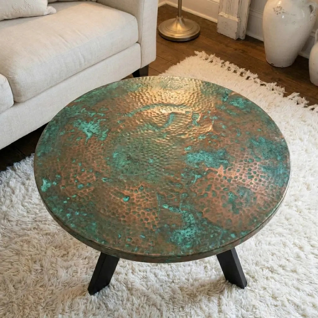 Verdigris Copper Coffee Table with Hammered Round Top and Rustic Patina Finish