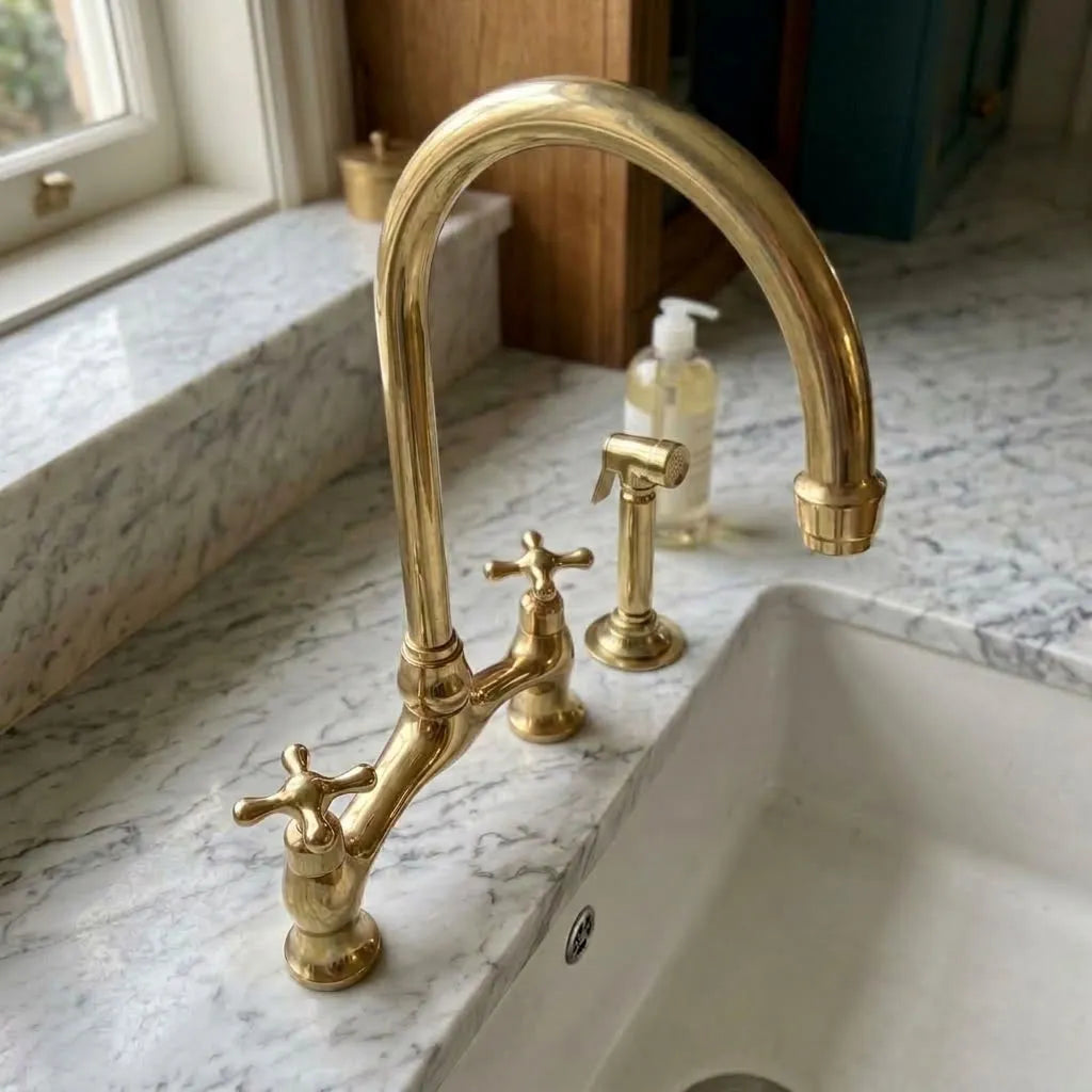 Brass Wishbone Bridge Kitchen Faucet with Cross Handles