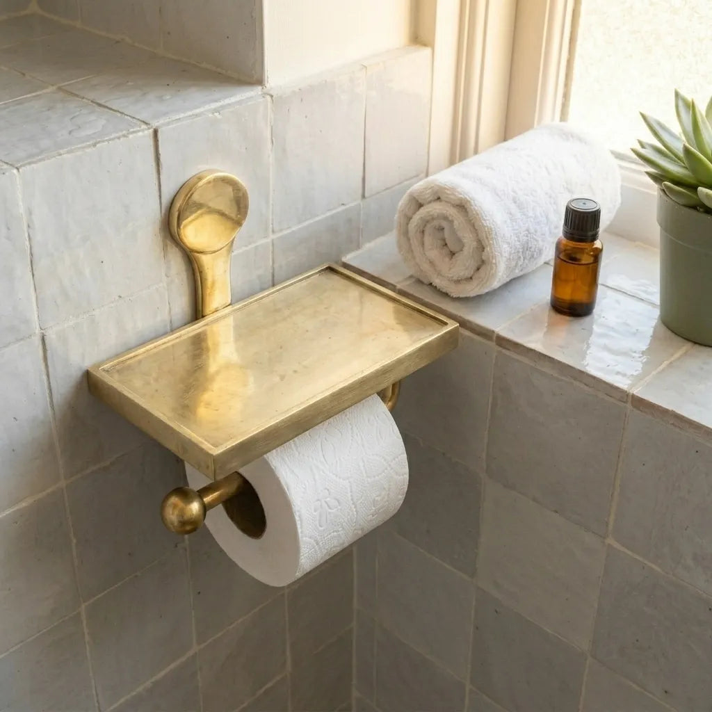 Solid brass toilet roll holder featuring an upper storage tray with space for towels, oils, and accessories.