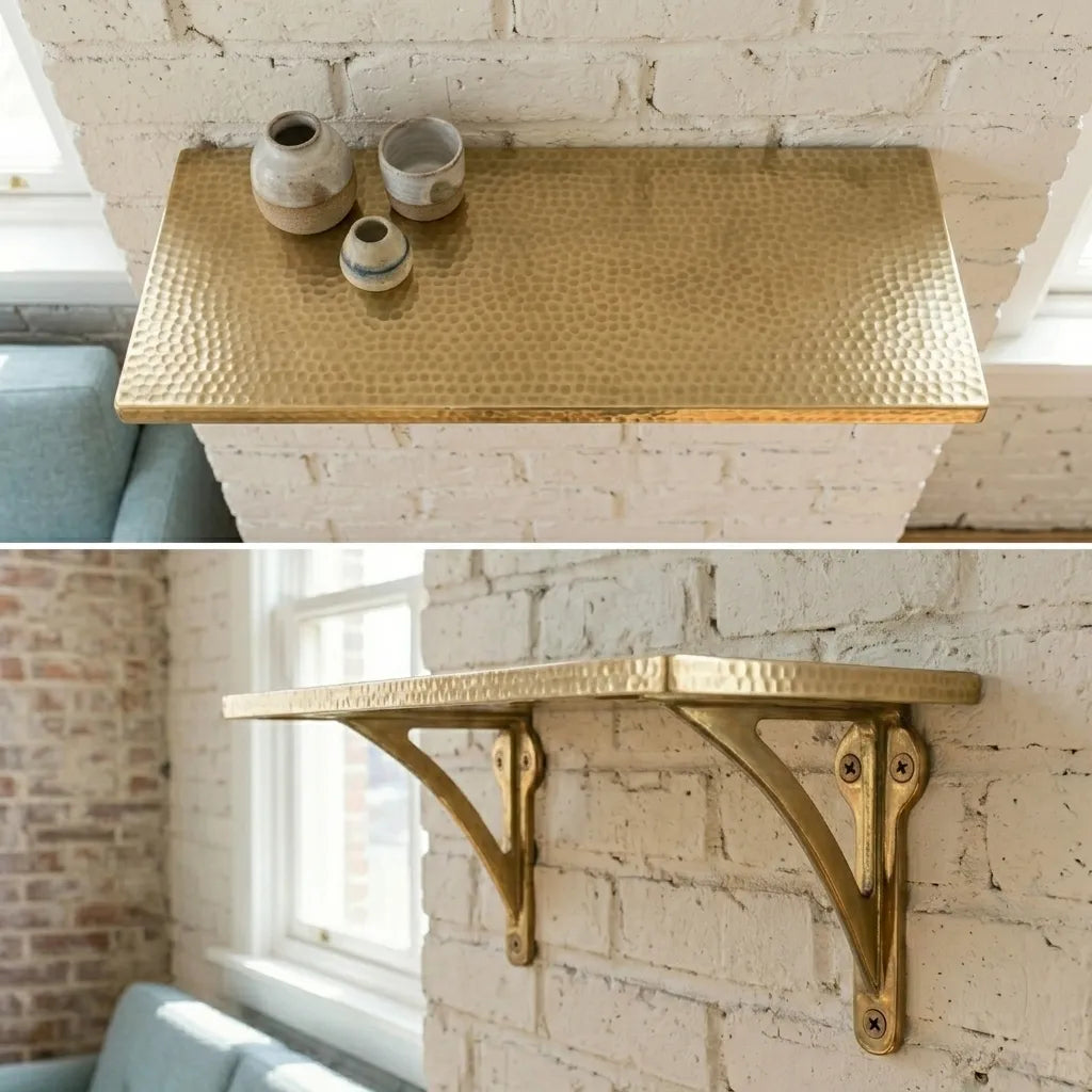Wall mounted brass storage shelf with handcrafted texture and classic bracket supports for kitchens, bathrooms, and living spaces