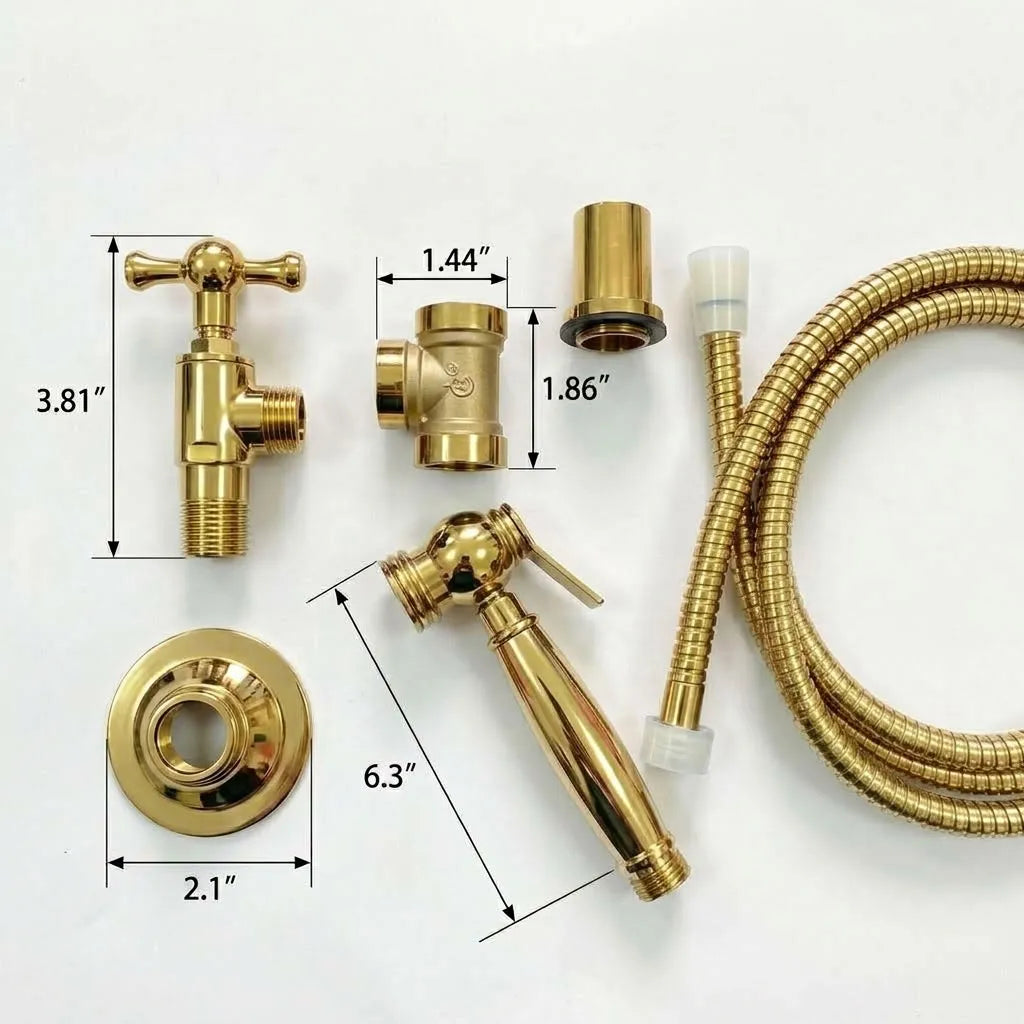 Unlacquered brass sink sprayer kit with flexible hose and cross-handle shut-off valve