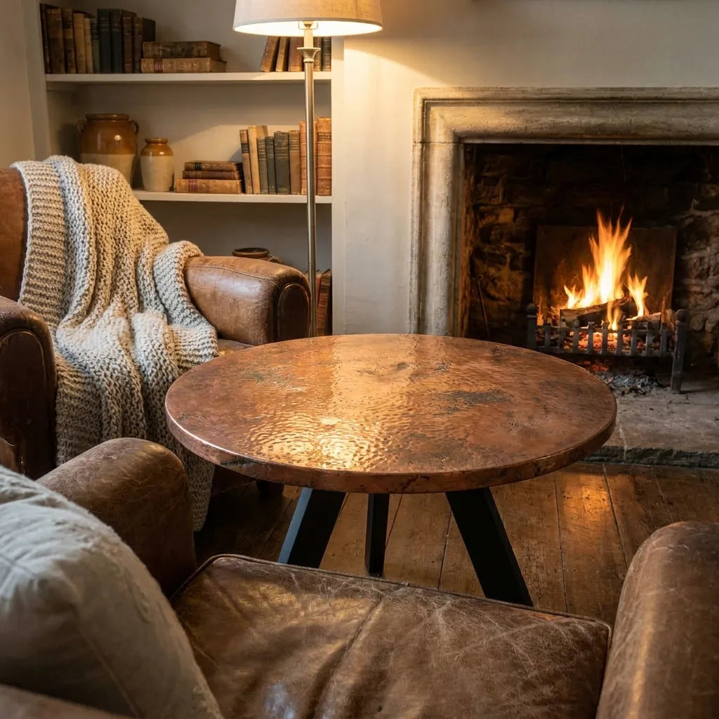 Handmade Copper Coffee Table Featuring Textured Hammered Top and Industrial Base