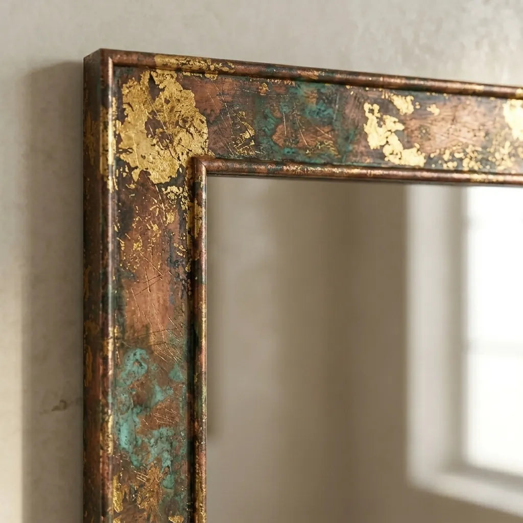 Artisan Wall Mirror with Oxidized Copper Frame and Decorative Gold Highlights