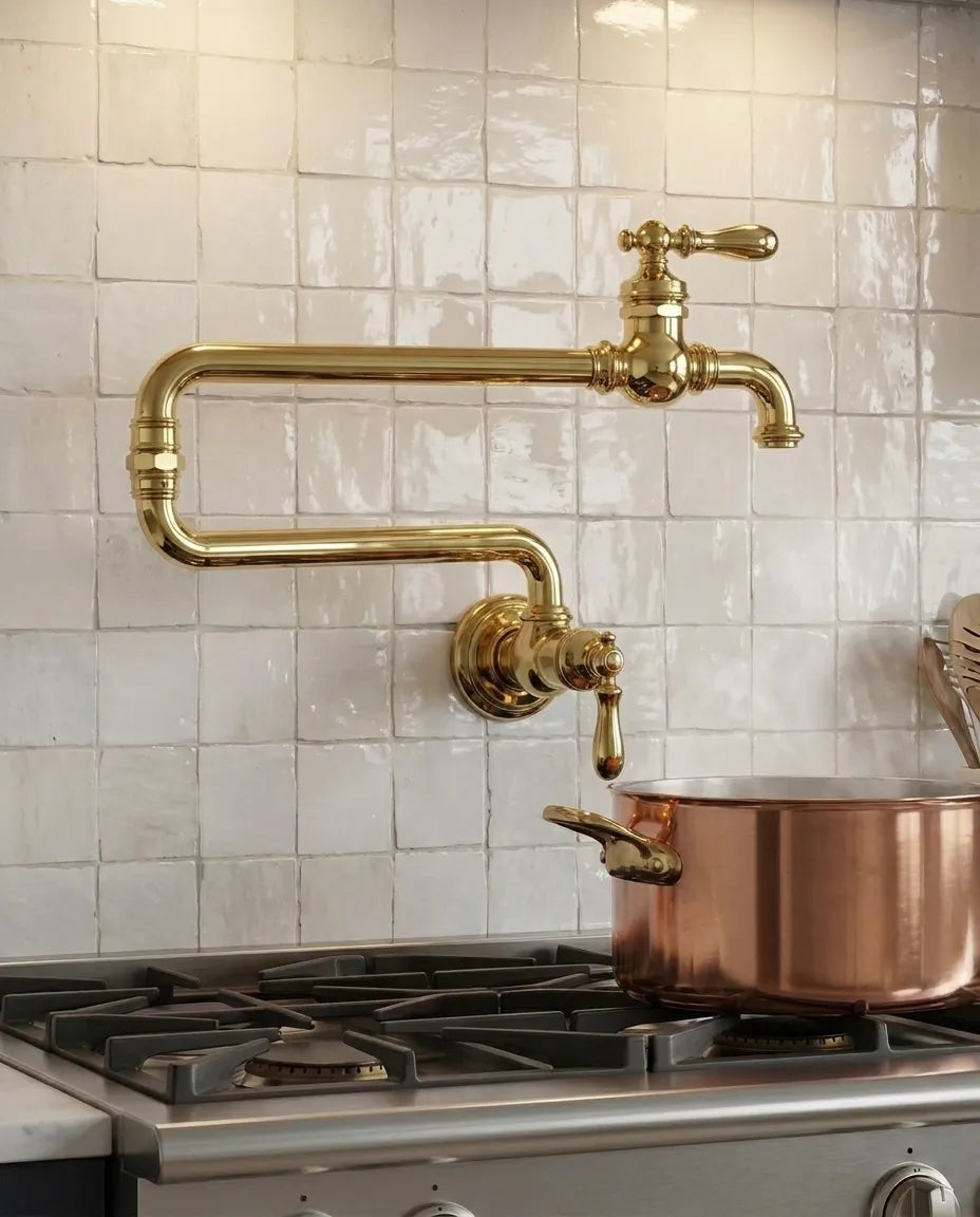 A wall-mounted brass kitchen faucet with a curved pipe design and lever handle, installed above a gas stove with a copper pot, set against a white subway tile backsplash.