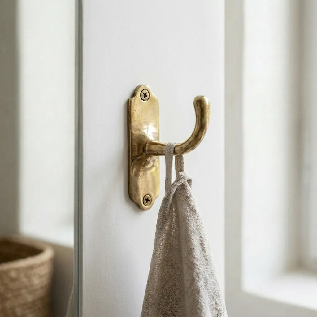 Heritage brass curved wall hook with decorative backplate mounted on white paneling holding a linen towel.