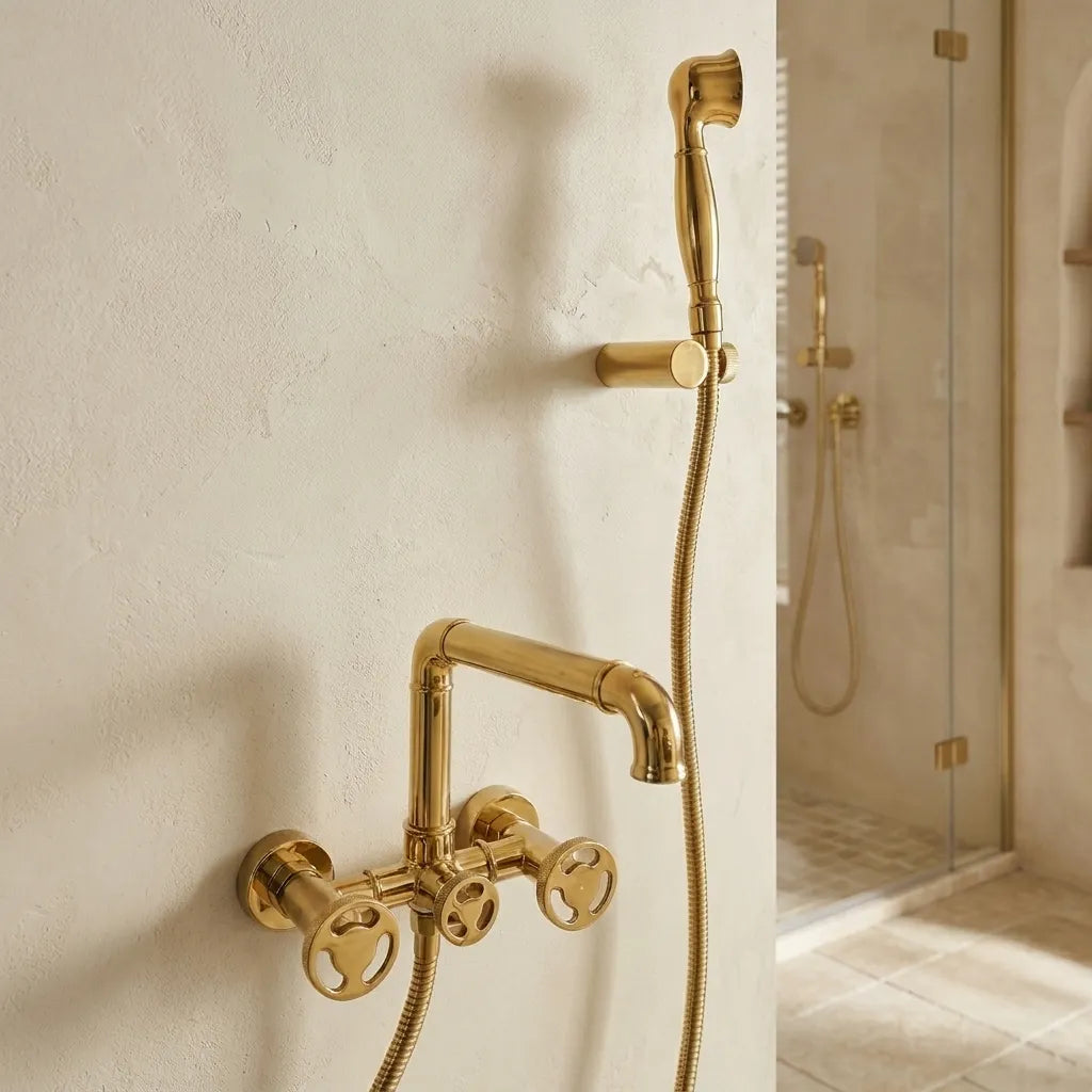 Gold-finished wall-mounted bathroom faucet and handheld shower set installed on a textured off-white wall, with a glass shower door visible in the background.