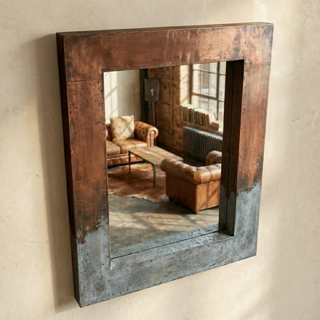 Artisan Metal Framed Mirror with Oxidized Copper and Zinc Patina for Modern Farmhouse Interiors