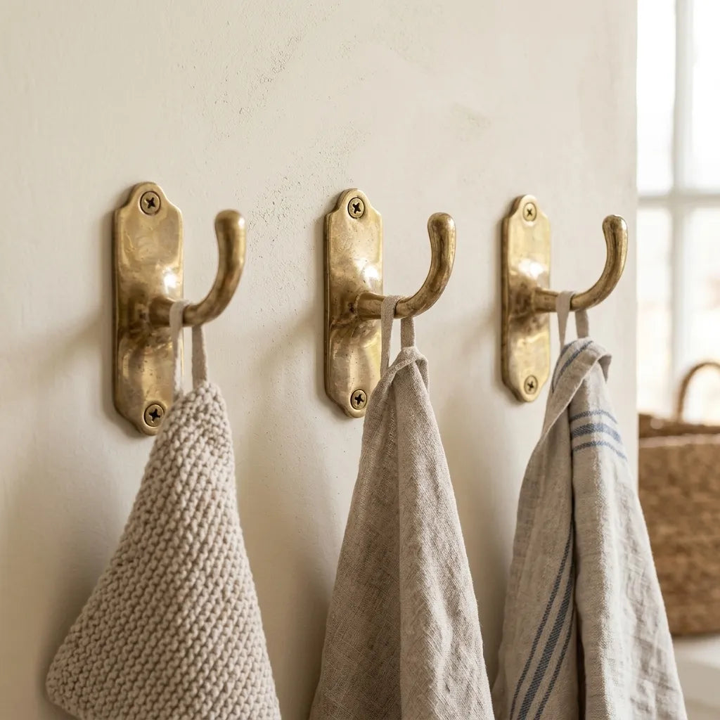 Decorative unlacquered brass wall hook featuring a gently curved profile for towels and garments.