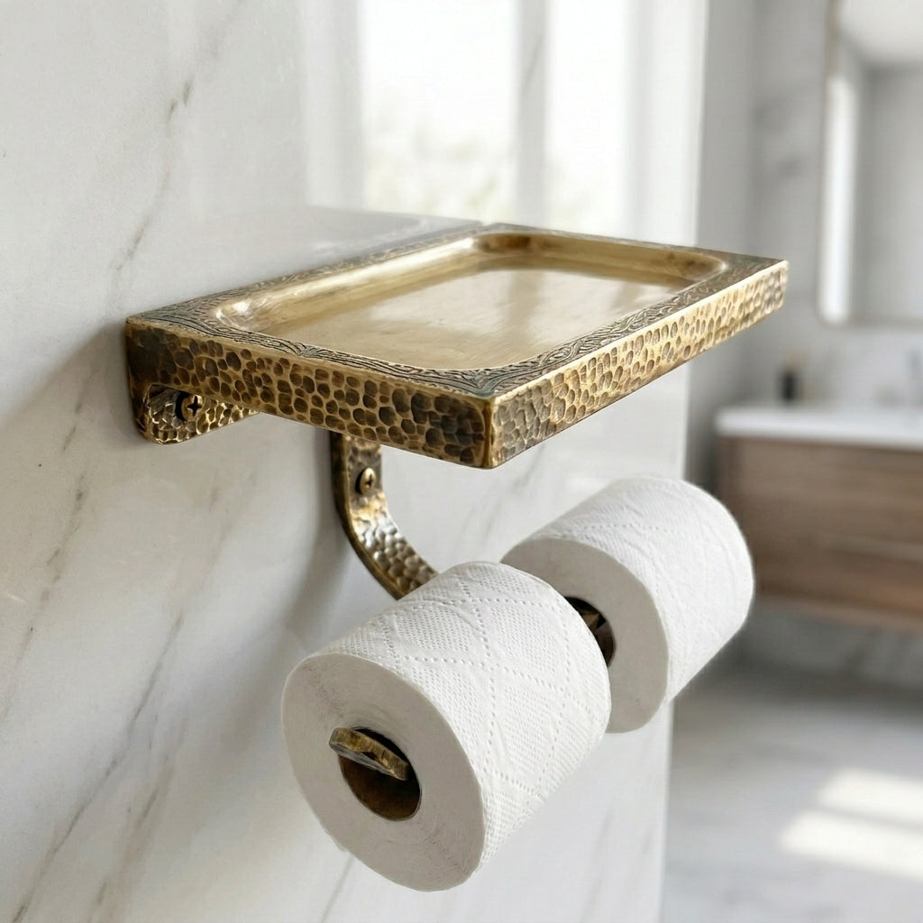 Solid brass bathroom shelf and tissue holder combination with artisan hammered detailing and a warm aged metal appearance