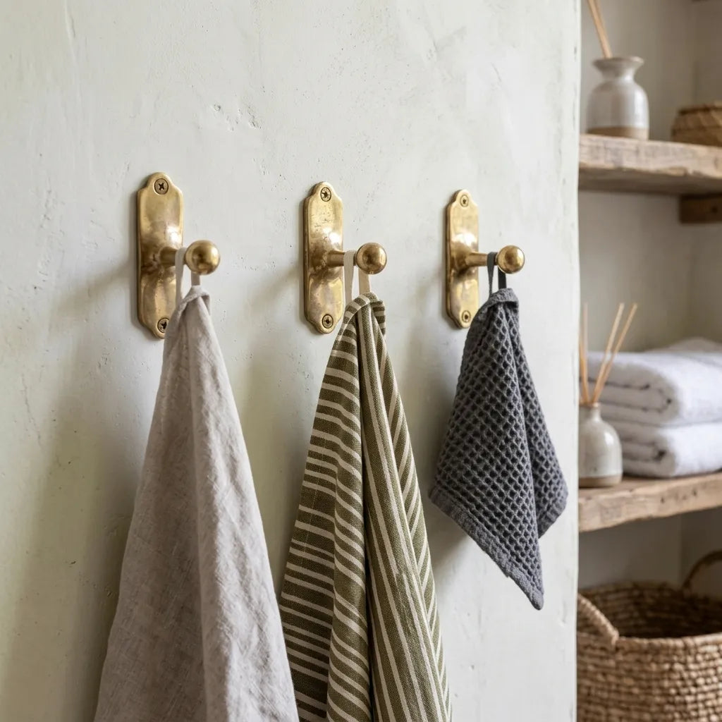 Traditional brass wall-mounted coat hook with spherical tip installed on white wood paneling.