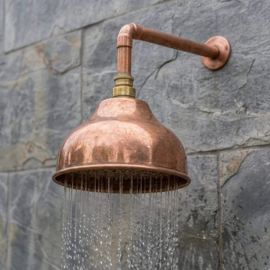Outdoor Copper Rain Shower Head – Rustic Wall-Mounted Dome Shower