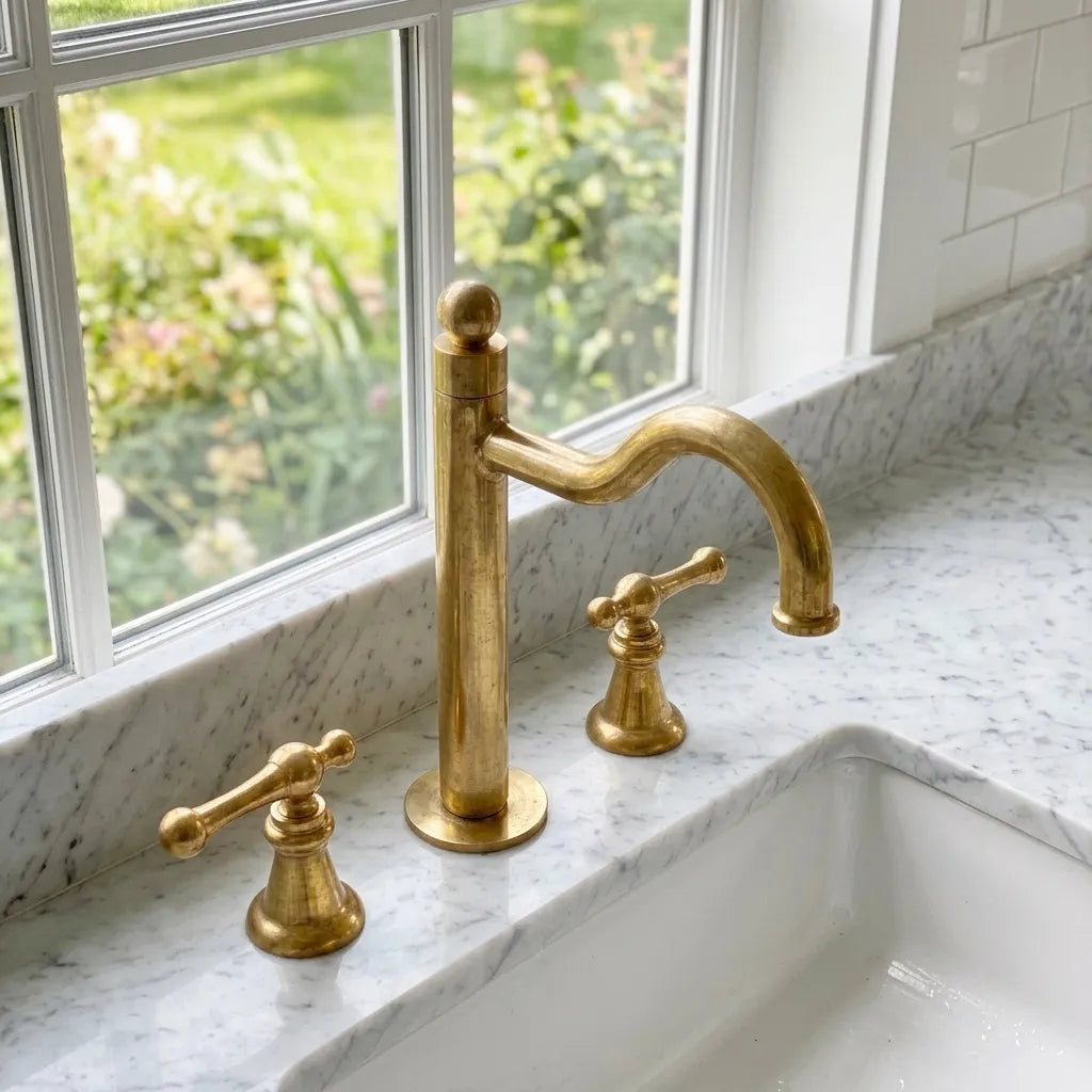 Luxury brass bathroom mixer tap with rounded high reach spout and elegant heritage inspired handle design