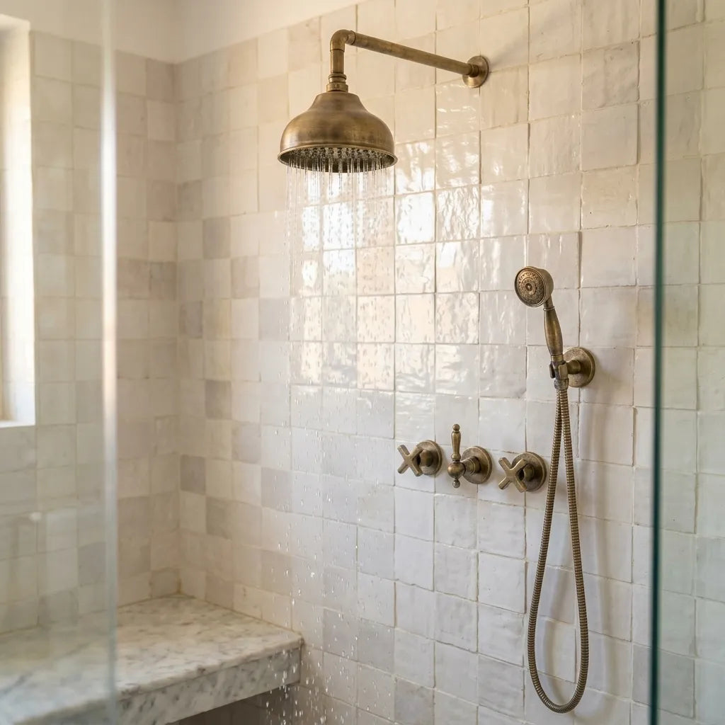 Vintage unlacquered brass wall mount shower system with domed rain shower head, handheld sprayer, and concealed controls.