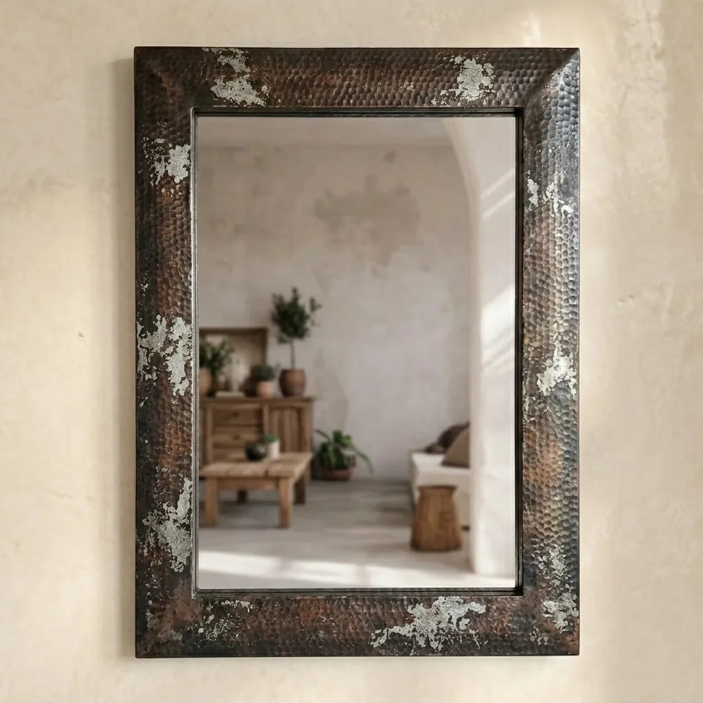 Rustic Hammered Metal Wall Mirror with Distressed Patina Frame and Industrial Design
