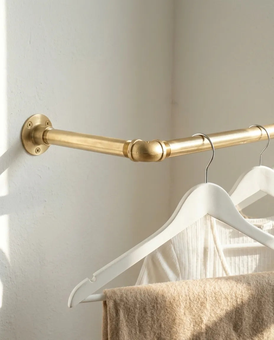 Solid brass corner clothes rail installed between two walls in a walk-in closet.