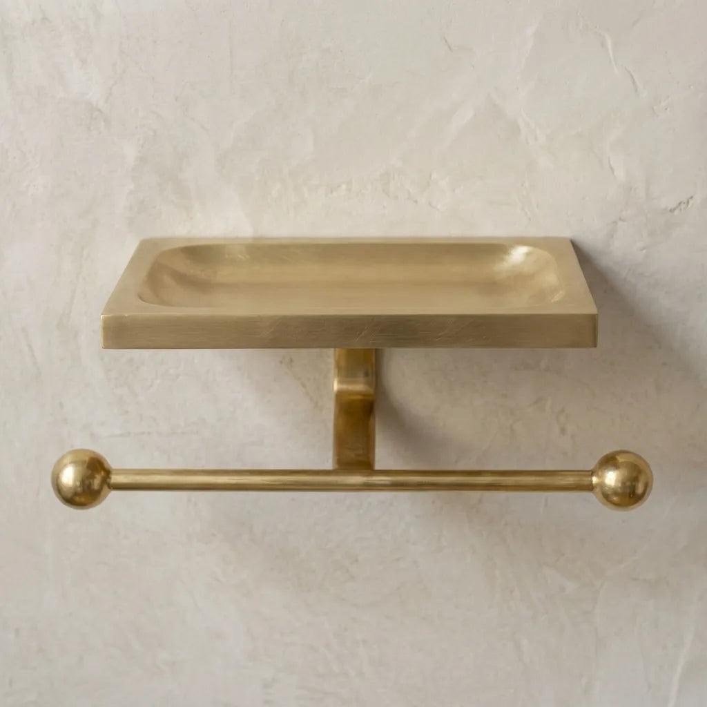 Handmade brass bathroom organizer with double toilet roll holder and rectangular storage tray