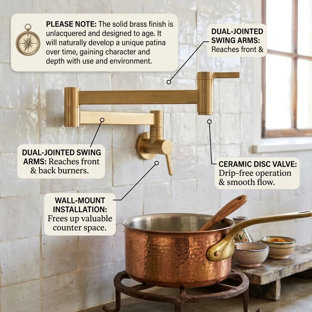 A wall-mounted brass faucet with swing arms and a ceramic disc valve, shown installed on a white brick wall in a kitchen setting. Callout text boxes explain features such as dual-jointed swing arms, wall-mount installation, and ceramic disc valve, with a copper pot and wooden spoon below.