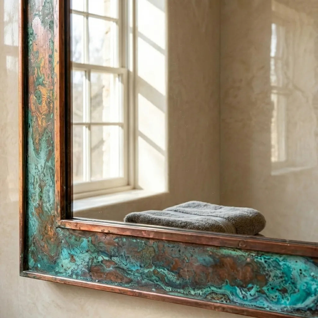 Rectangular Oxidized Copper Mirror with Aged Verdigris Finish for Luxury Bathroom Decor