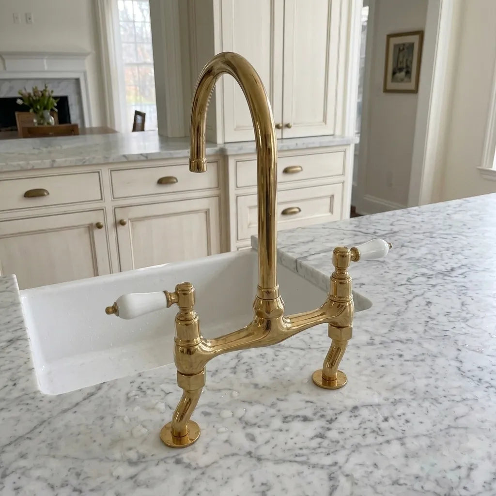 Unlacquered brass double bridge faucet with white ceramic handles installed in a white apron-front sink on a white and gray marbled kitchen countertop.