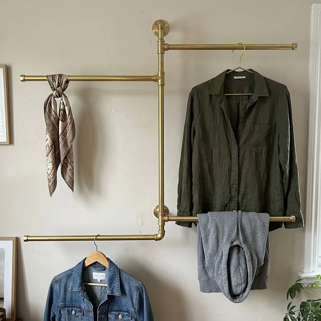 Solid brass wall hanging organizer with multiple storage rails