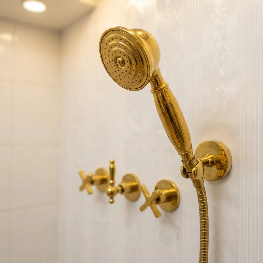 Traditional brass ceiling shower system installed in a minimalist white tile walk-in shower enclosure.