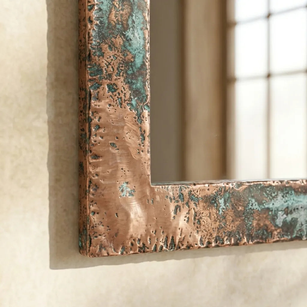 Rectangular Copper Vanity Mirror with Weathered Verdigris Finish and Artisan Metal Frame