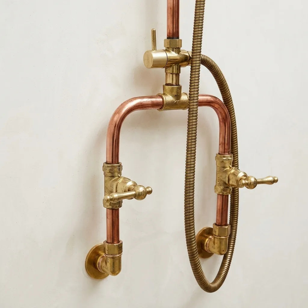Close-up of exposed copper shower valve with brass cross handles and handheld shower hose detailing