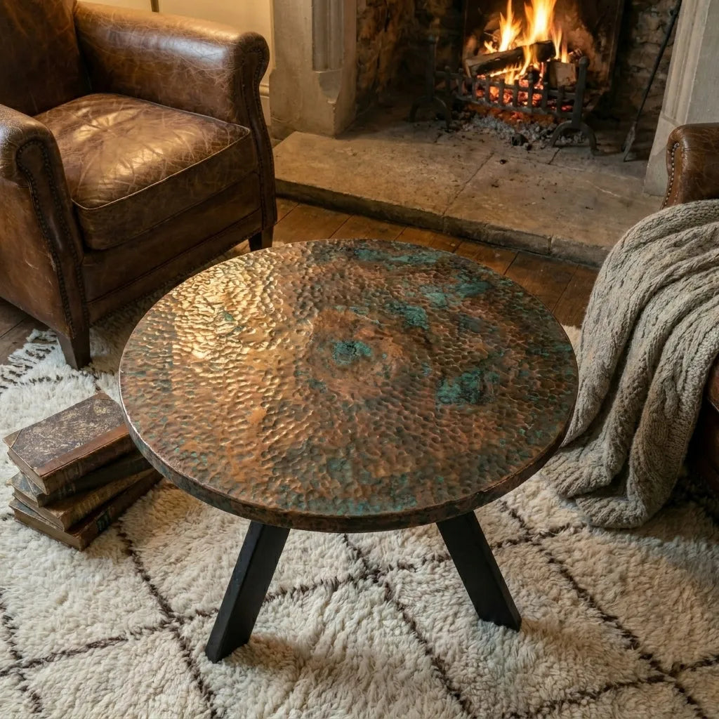 Rustic Copper Coffee Table with Oxidized Verdigris Finish and Black Tapered Legs