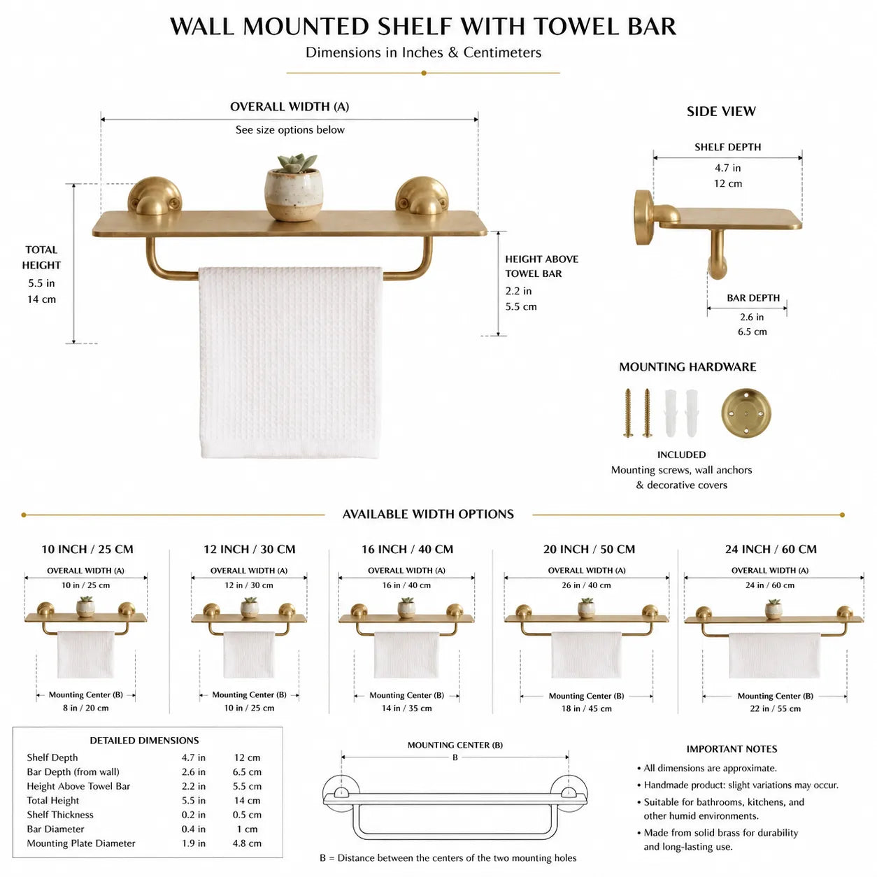 A product information diagram for a wall-mounted towel bar shelf with dimensions, showing front, side, and mounting views, available width options, measurements, and notes on a white background.