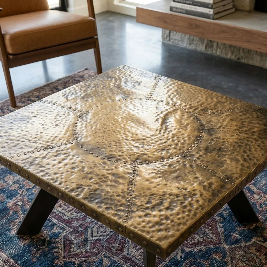 Industrial coffee table featuring a hand-hammered antique brass tabletop