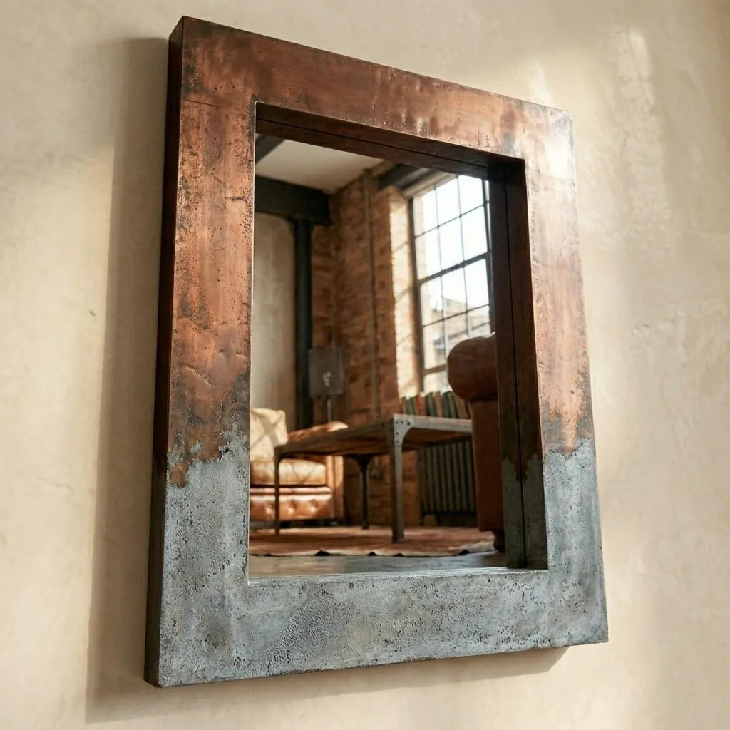 Rectangular Rustic Wall Mirror with Weathered Copper Frame and Vintage Industrial Character