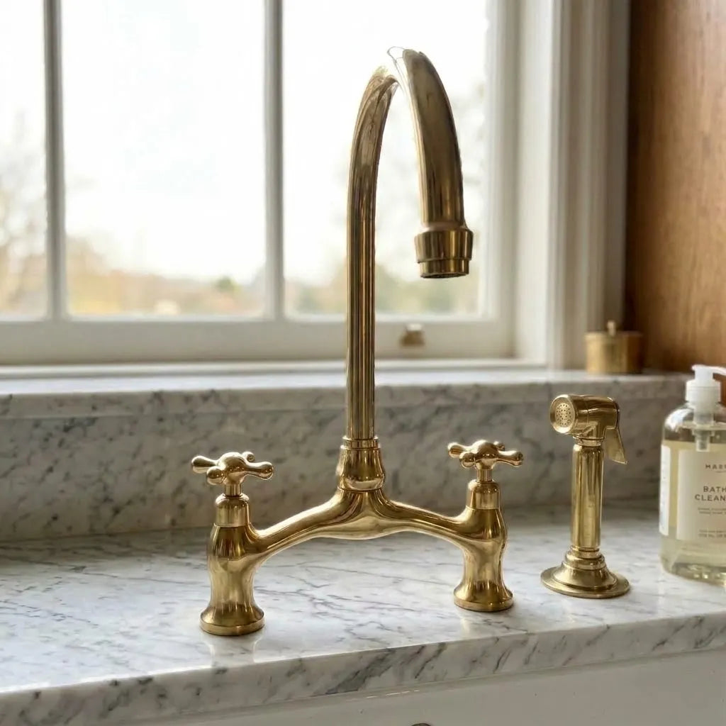 Brass Wishbone Bridge Kitchen Faucet with Cross Handles
