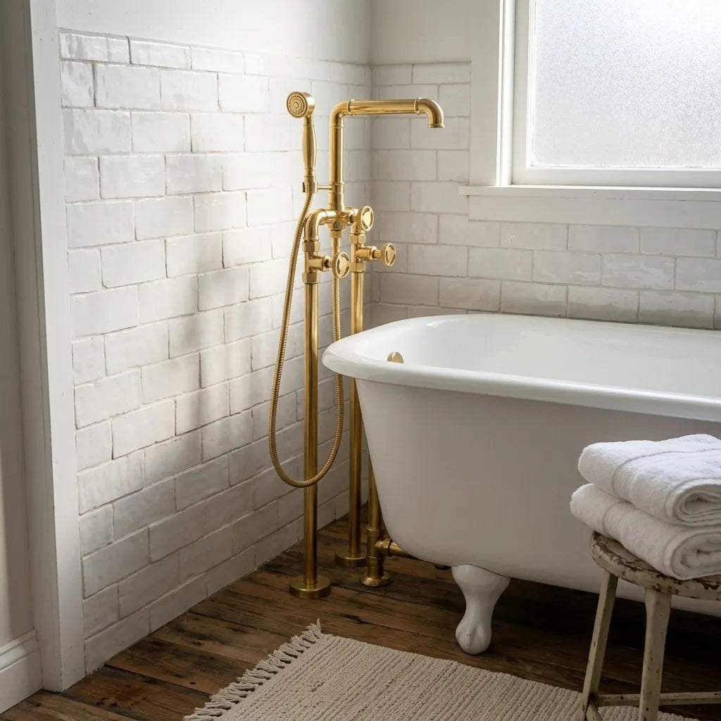 A freestanding white clawfoot bathtub in a bright bathroom with white subway tile walls, a window, wood floor, and a gold-tone vintage-style tub faucet and handheld shower attachment. A small stool with folded white towels sits beside the tub.
