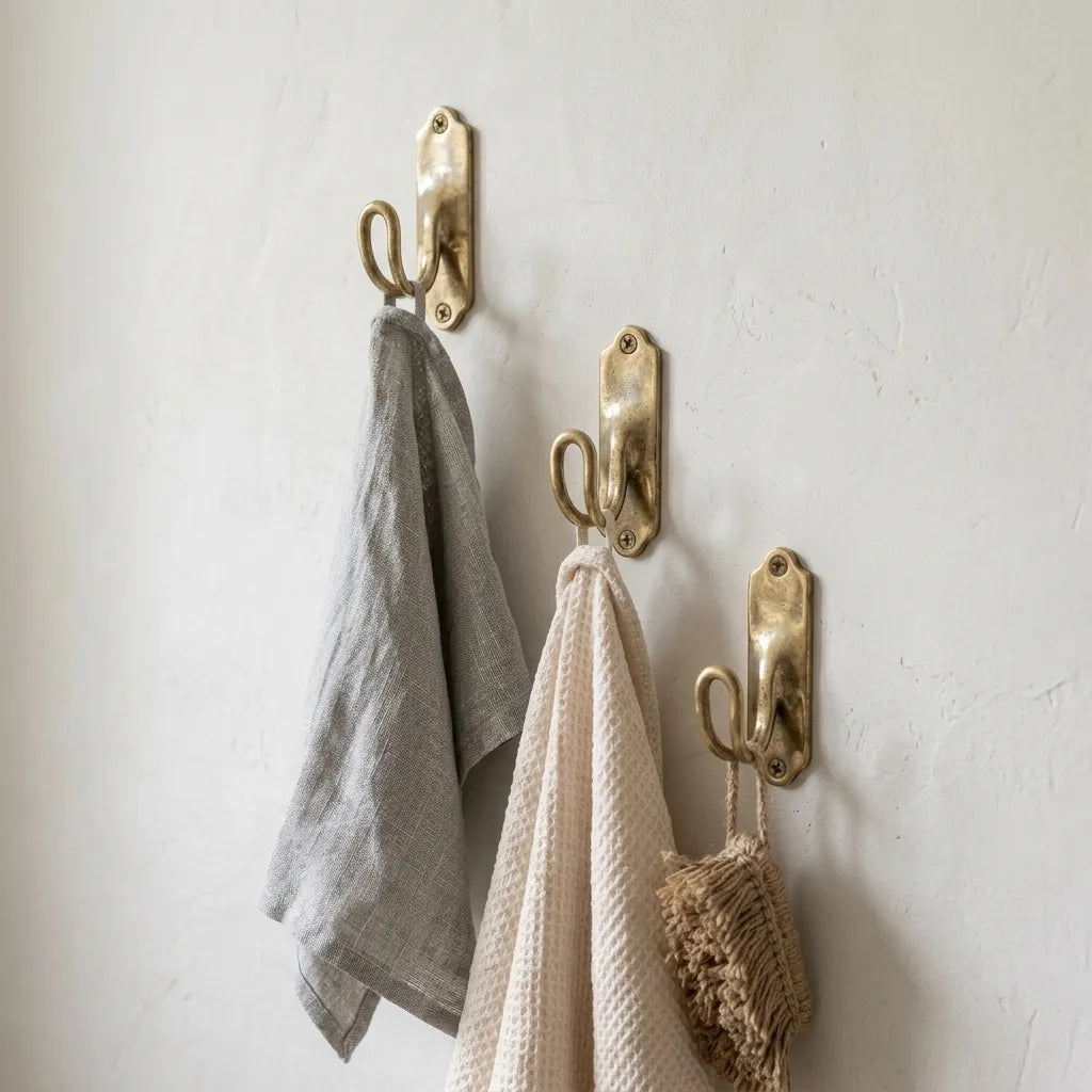 Classic brass robe hook with decorative backplate displaying a linen hand towel in a cottage-style interior.