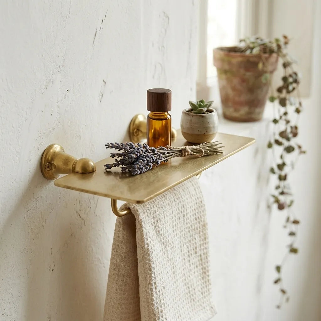 Unlacquered brass wall shelf and towel holder designed for compact bathroom organization with space for toiletries and decorative accents