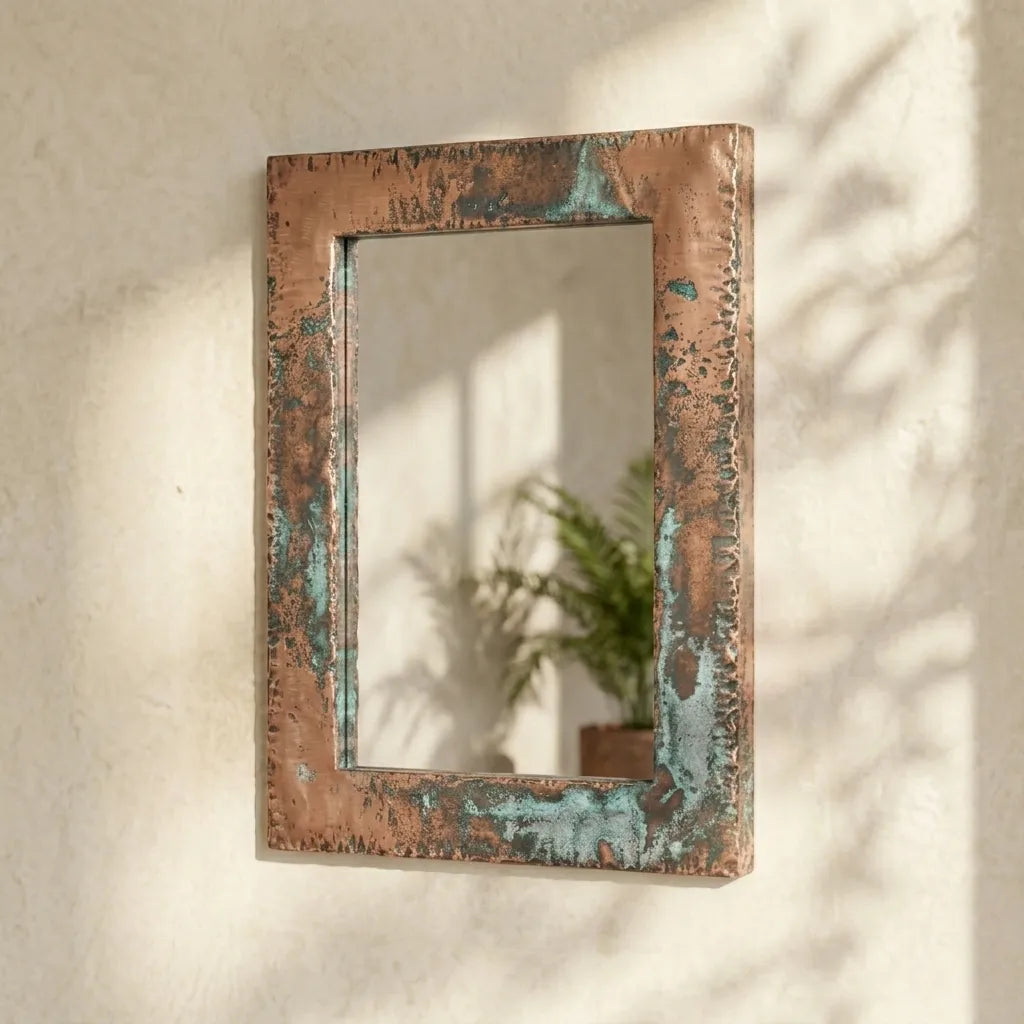 Handmade Copper Framed Mirror Featuring Aged Green Patina for Rustic Interiors