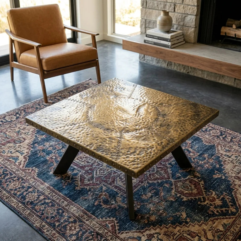 Hand-hammered antique brass coffee table with black steel base